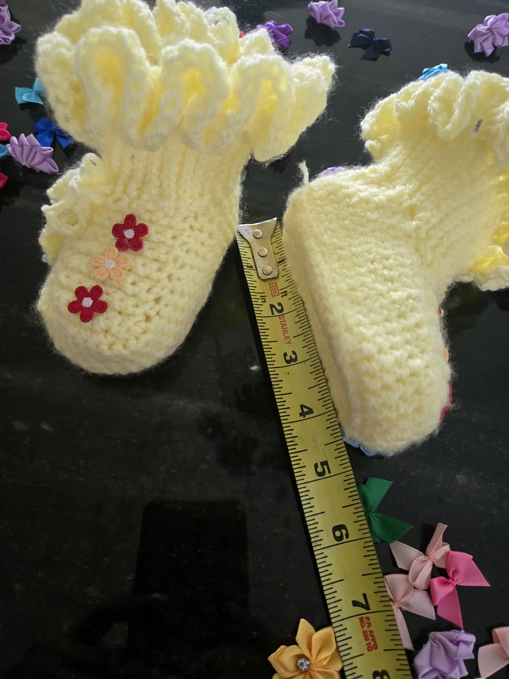 Handmade Yellow Crochet Baby Booties with Floral Appliqués